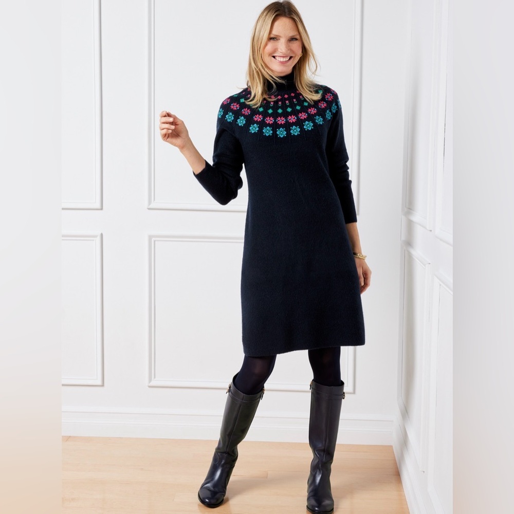Talbots Fair Isle Embroidered Yoke Navy Blue Ribbed Mockneck Sweater Dress M